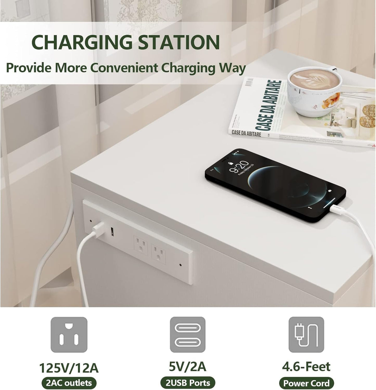 Auromie Nightstand with Charging Station and LED Lights, Concealment Furniture with RFID Lock Cabinet
