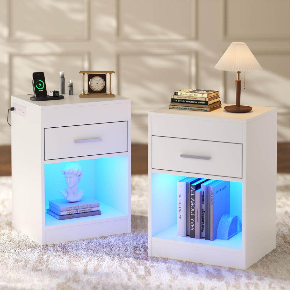 Auromie Nightstand with Charging Station and LED Lights, Concealment Furniture with RFID Lock Cabinet