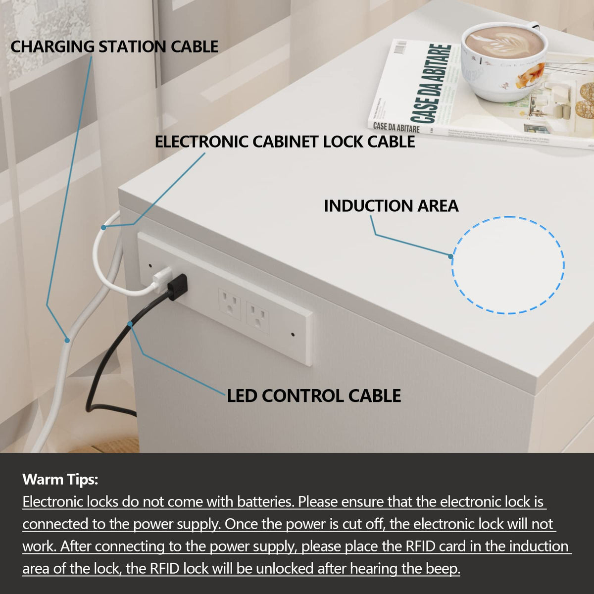 Auromie Nightstand with Charging Station and LED Lights, Concealment Furniture with RFID Lock Cabinet
