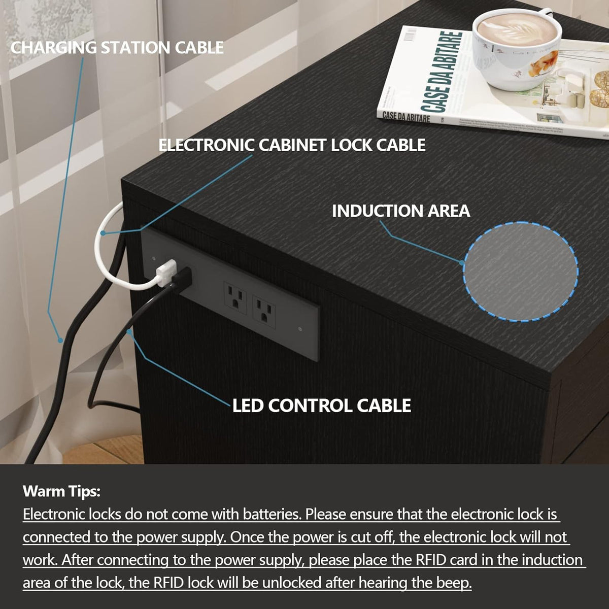 Auromie Nightstand with Charging Station and LED Lights, Concealment Furniture with RFID Lock Cabinet