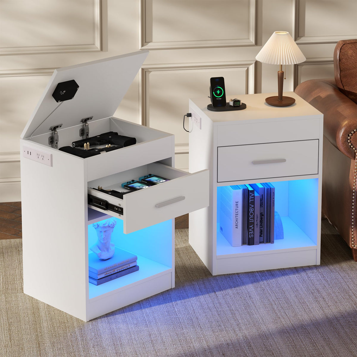Auromie Nightstand with Charging Station and LED Lights, Concealment Furniture with RFID Lock Cabinet