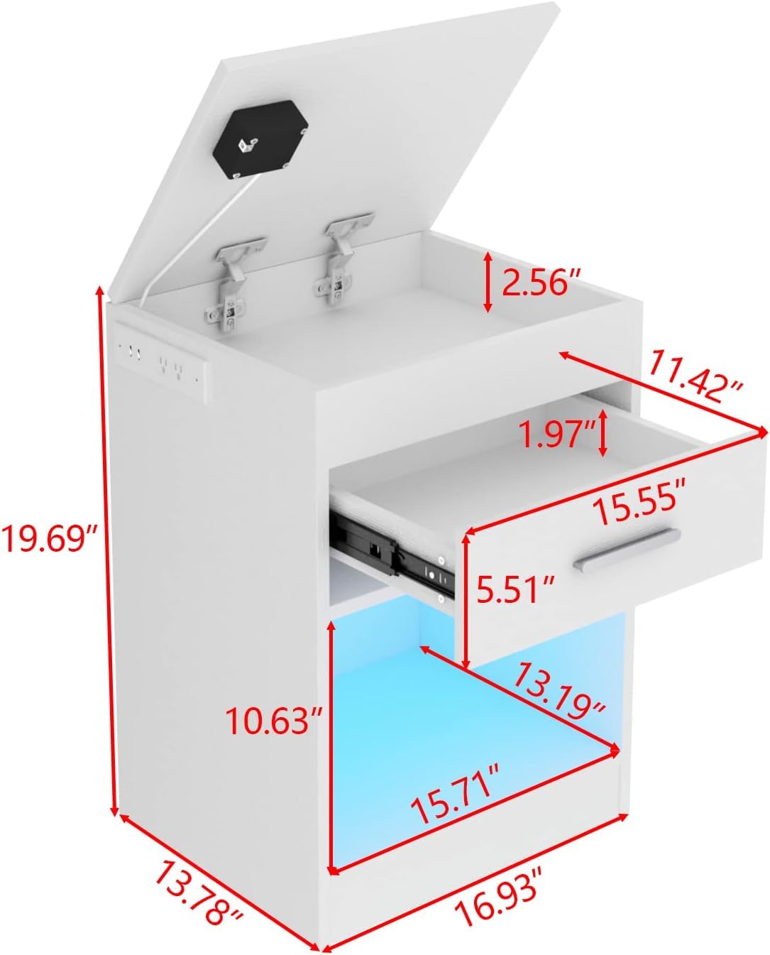 Auromie Nightstand with Charging Station and LED Lights, Concealment Furniture with RFID Lock Cabinet