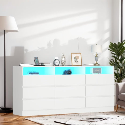 Auromie 9 Drawers Dresser, Double Modern Chest of Drawers with Power Outlet, Dresser TV Stand with Led Light Strip, Drawer Organizer for Bedroom, Living Room, Hallway (White, 9 Drawer)