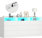 Auromie 9 Drawers Dresser, Double Modern Chest of Drawers with Power Outlet, Dresser TV Stand with Led Light Strip, Drawer Organizer for Bedroom, Living Room, Hallway (White, 9 Drawer)