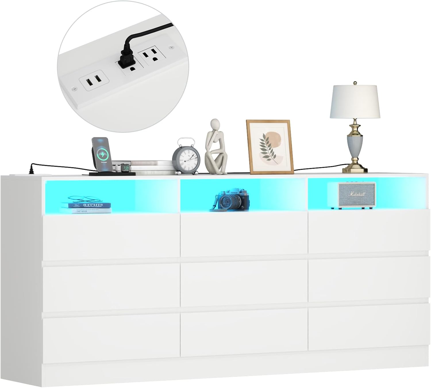 Auromie 9 Drawers Dresser, Double Modern Chest of Drawers with Power Outlet, Dresser TV Stand with Led Light Strip, Drawer Organizer for Bedroom, Living Room, Hallway (White, 9 Drawer)