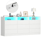 Auromie 9 Drawers Dresser, Double Modern Chest of Drawers with Power Outlet, Dresser TV Stand with Led Light Strip, Drawer Organizer for Bedroom, Living Room, Hallway (White, 9 Drawer)