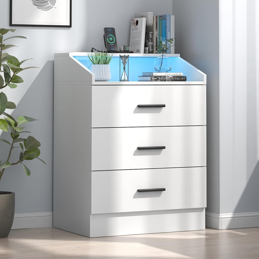 Nightstand with Charging Station and LED Lights, White Nightstand with Drawers, End Side Table with Open Storage Cubby, Modern Bedside Table for Bedroom, Night Stand Organizer Living Room (3 Drawers)