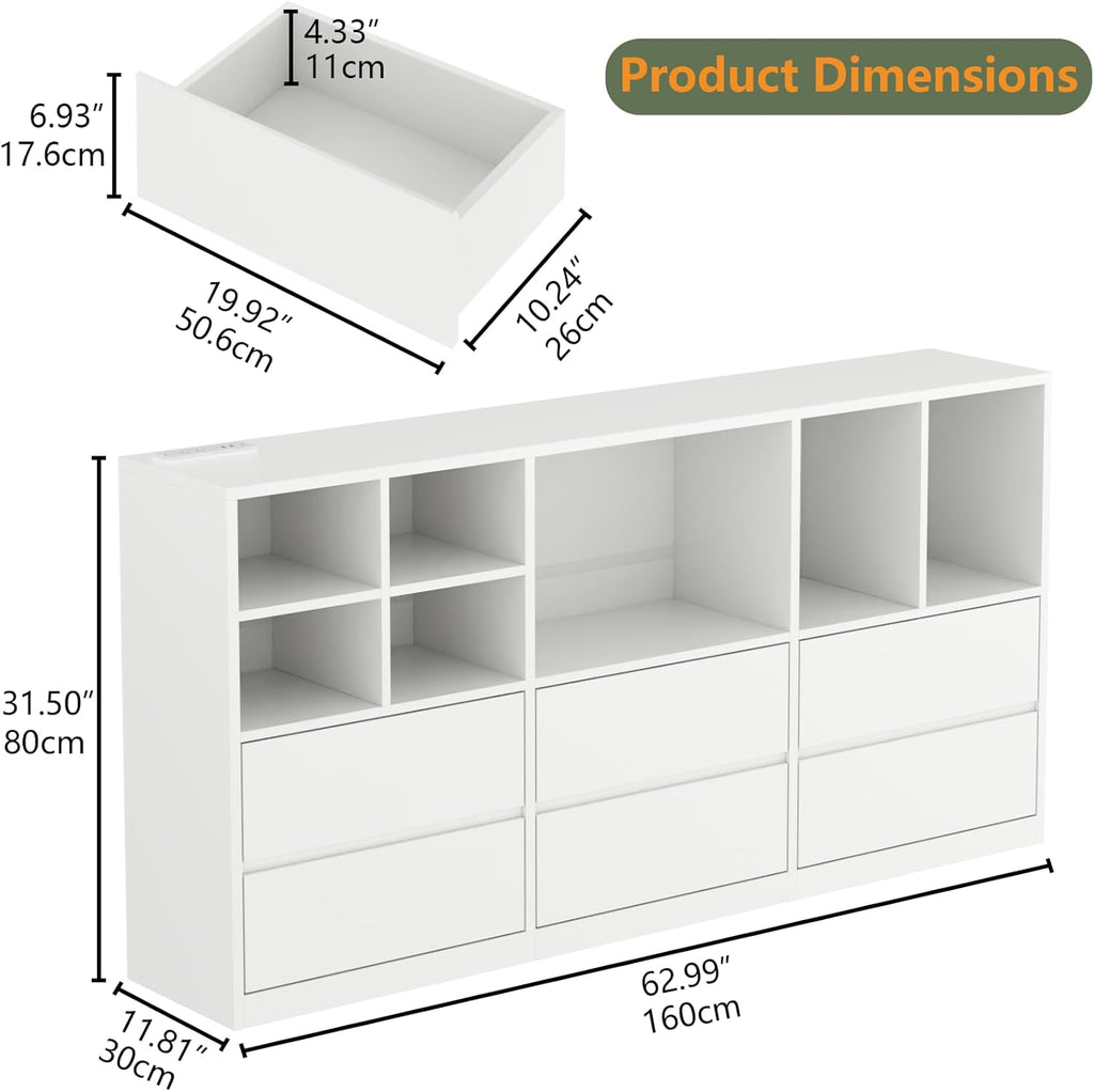 TV Stand with 6 Drawers & 7 Storage Cubbies, LED Lights Entertainment Center with Power Outlet, 63" TV Cabinet with Adjustable Open Storage Shelf, Modern TV Media Console for Living Room (White)