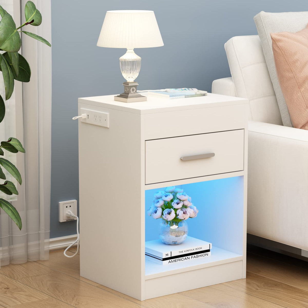 Auromie Nightstand with Charging Station and LED Lights, Concealment Furniture with RFID Lock Cabinet