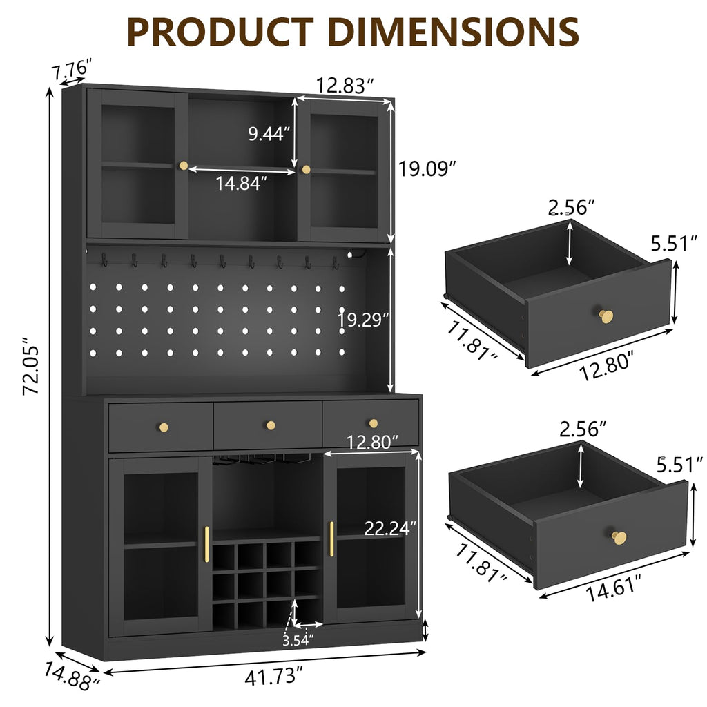 72" Tall Wine Bar Cabinet with Storage Hutch & Pegboard, Coffee Bar Cabinet with LED Lights, Modern Liquor Cabinets with 9-grid Wine & Glass Racks, Pantry Cabinet for Kitchen, Living Room (Black)