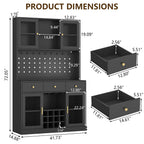 72" Tall Wine Bar Cabinet with Storage Hutch & Pegboard, Coffee Bar Cabinet with LED Lights, Modern Liquor Cabinets with 9-grid Wine & Glass Racks, Pantry Cabinet for Kitchen, Living Room (Black)