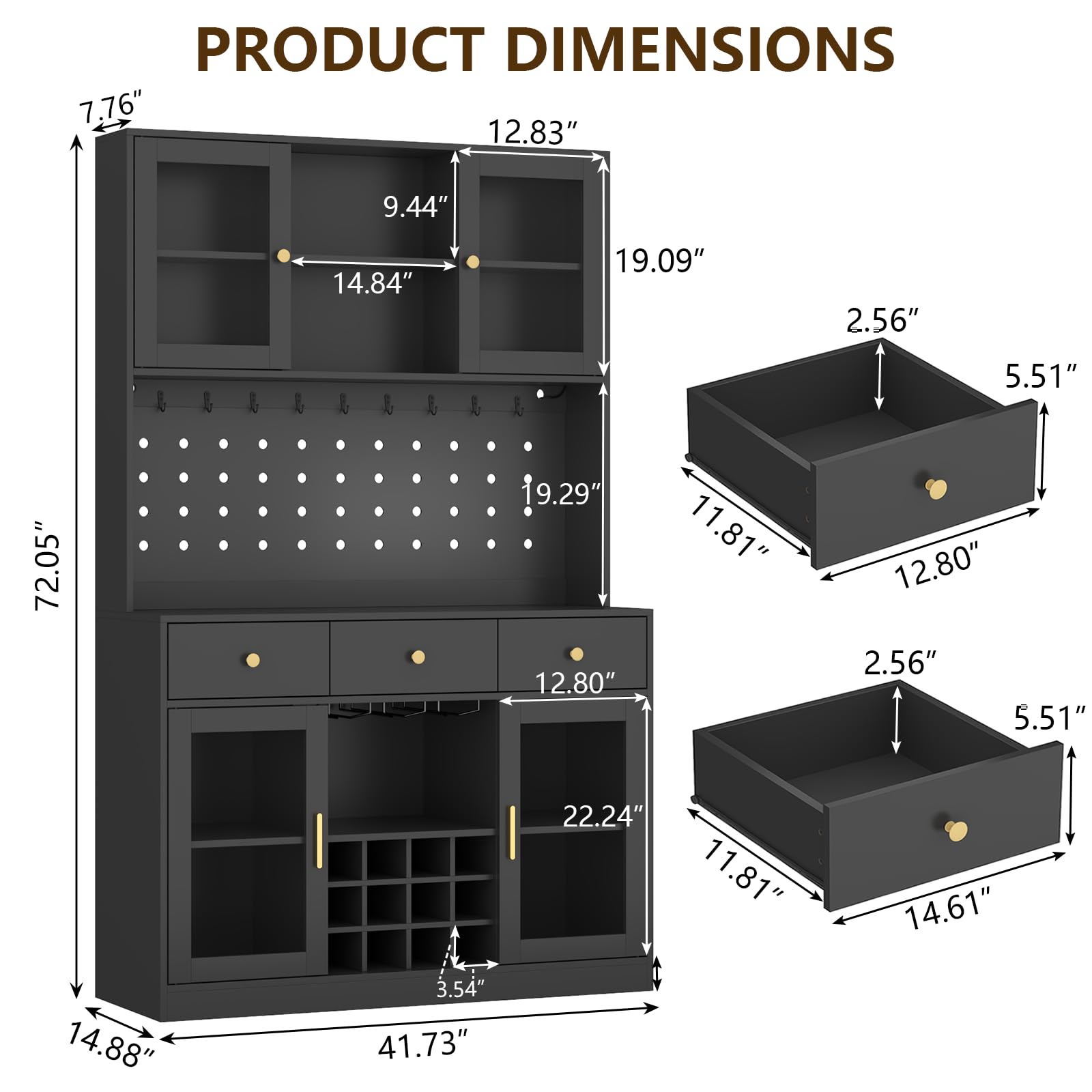 72" Tall Wine Bar Cabinet with Storage Hutch & Pegboard, Coffee Bar Cabinet with LED Lights, Modern Liquor Cabinets with 9-grid Wine & Glass Racks, Pantry Cabinet for Kitchen, Living Room (Black)