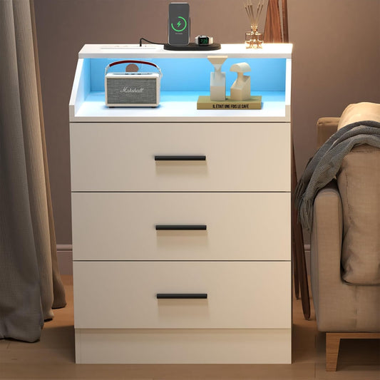Nightstand with Charging Station and LED Lights, White Nightstand with Drawers, End Side Table with Open Storage Cubby, Modern Bedside Table for Bedroom, Night Stand Organizer Living Room (3 Drawers)