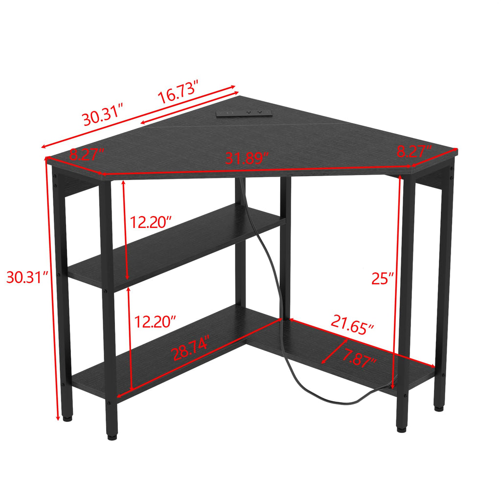 Auromie Corner Desk with Charging Station & LED Light, Triangle Corner Desk with Monitor Stand & Keyboard Tray