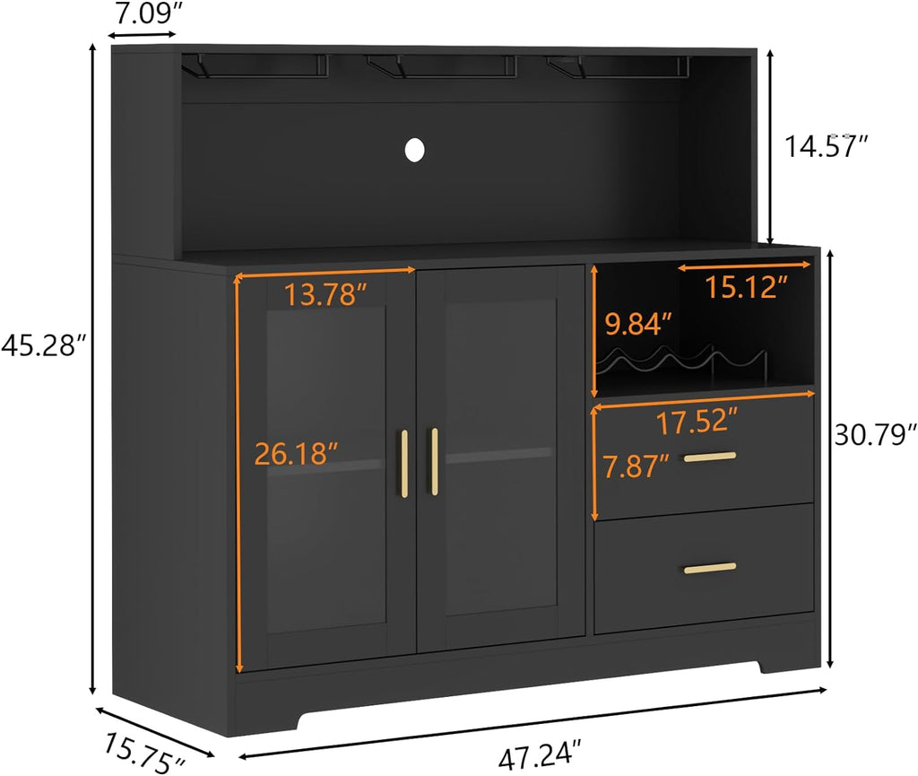 Bar Cabinet for Home with LED Light, Coffee Bar Cabinet with Wine & Glass Rack, Wine Cabinets with Drawers & Microwave Stand, Modern Liquor Cabinets for Kitchen, Living Room, Dining Room (Black)