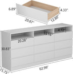 Auromie 9 Drawers Dresser, Double Modern Chest of Drawers with Power Outlet, Dresser TV Stand with Led Light Strip, Drawer Organizer for Bedroom, Living Room, Hallway (White, 9 Drawer)