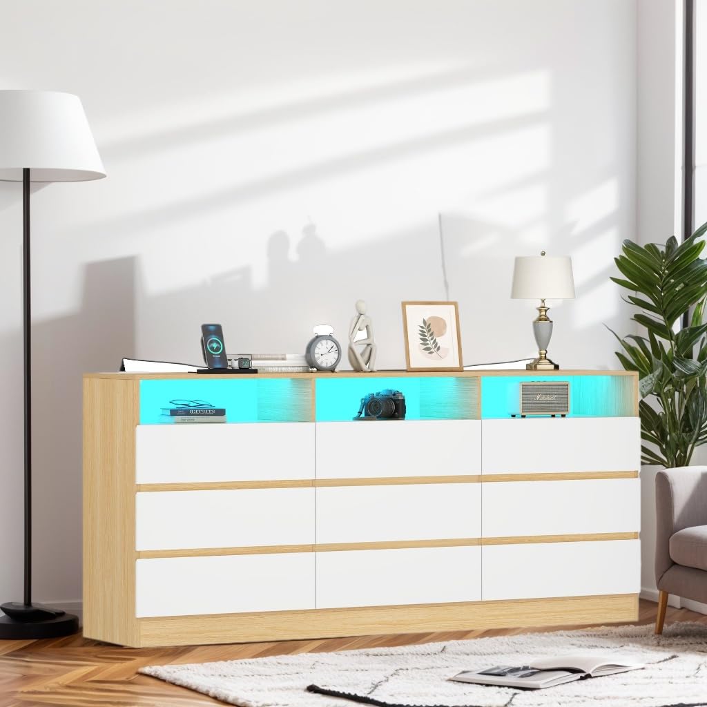 Auromie 9 Drawers Dresser, Double Modern Chest of Drawers with Power Outlet, Dresser TV Stand with Led Light Strip, Drawer Organizer for Bedroom, Living Room, Hallway (White, 9 Drawer)