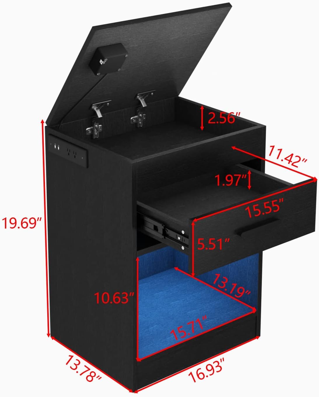 Auromie Nightstand with Charging Station and LED Lights, Concealment Furniture with RFID Lock Cabinet and Power Outlets, Bedside Table with Hidden Compartment for Valuables Storage, Black