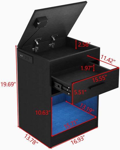 Auromie Nightstand with Charging Station and LED Lights, Concealment Furniture with RFID Lock Cabinet