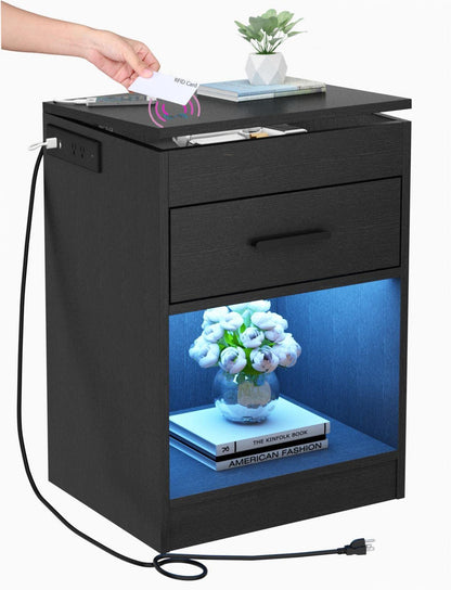 Auromie Nightstand with Charging Station and LED Lights, Concealment Furniture with RFID Lock Cabinet