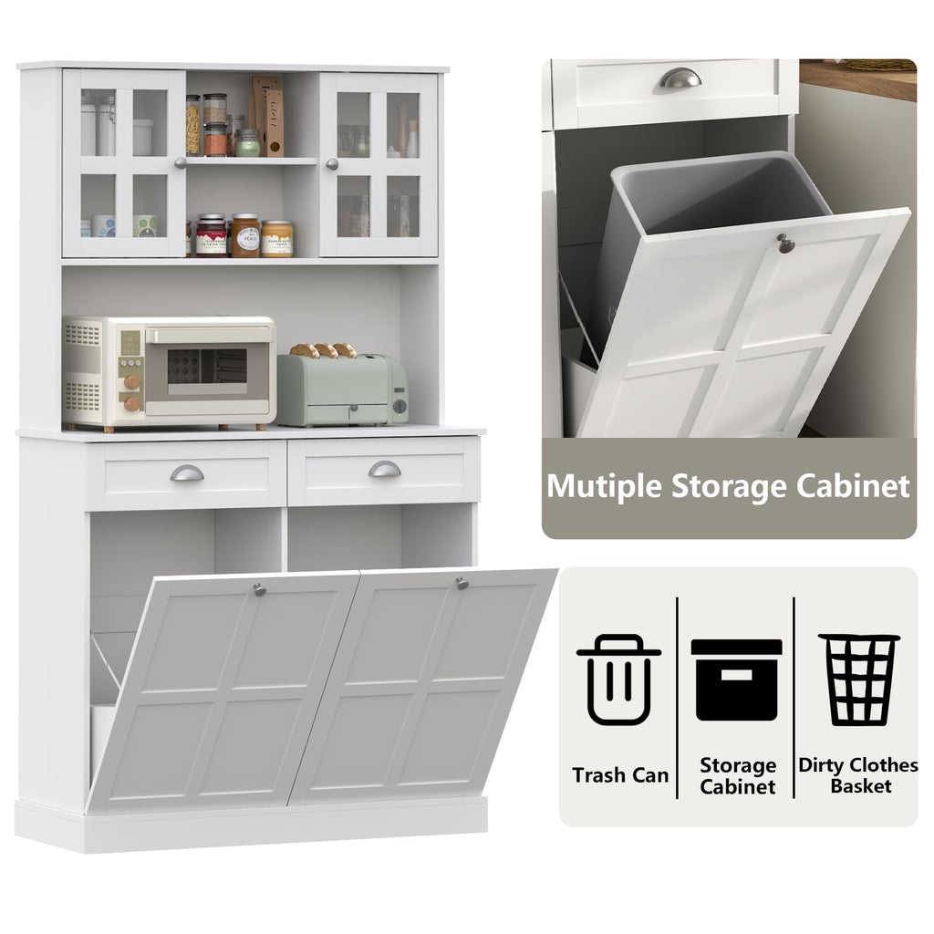Double Tilt Out Trash Can Cabinet, 68" Tall Kitchen Pantry Storage Cabinet with 2 Drawers & Hutch & Microwave Coffee Stand, Freestanding 20 Gallon Trash Recycling Cabinets, Hidden Garbage Can Cabinets