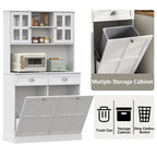 Double Tilt Out Trash Can Cabinet, 68" Tall Kitchen Pantry Storage Cabinet with 2 Drawers & Hutch & Microwave Coffee Stand, Freestanding 20 Gallon Trash Recycling Cabinets, Hidden Garbage Can Cabinets