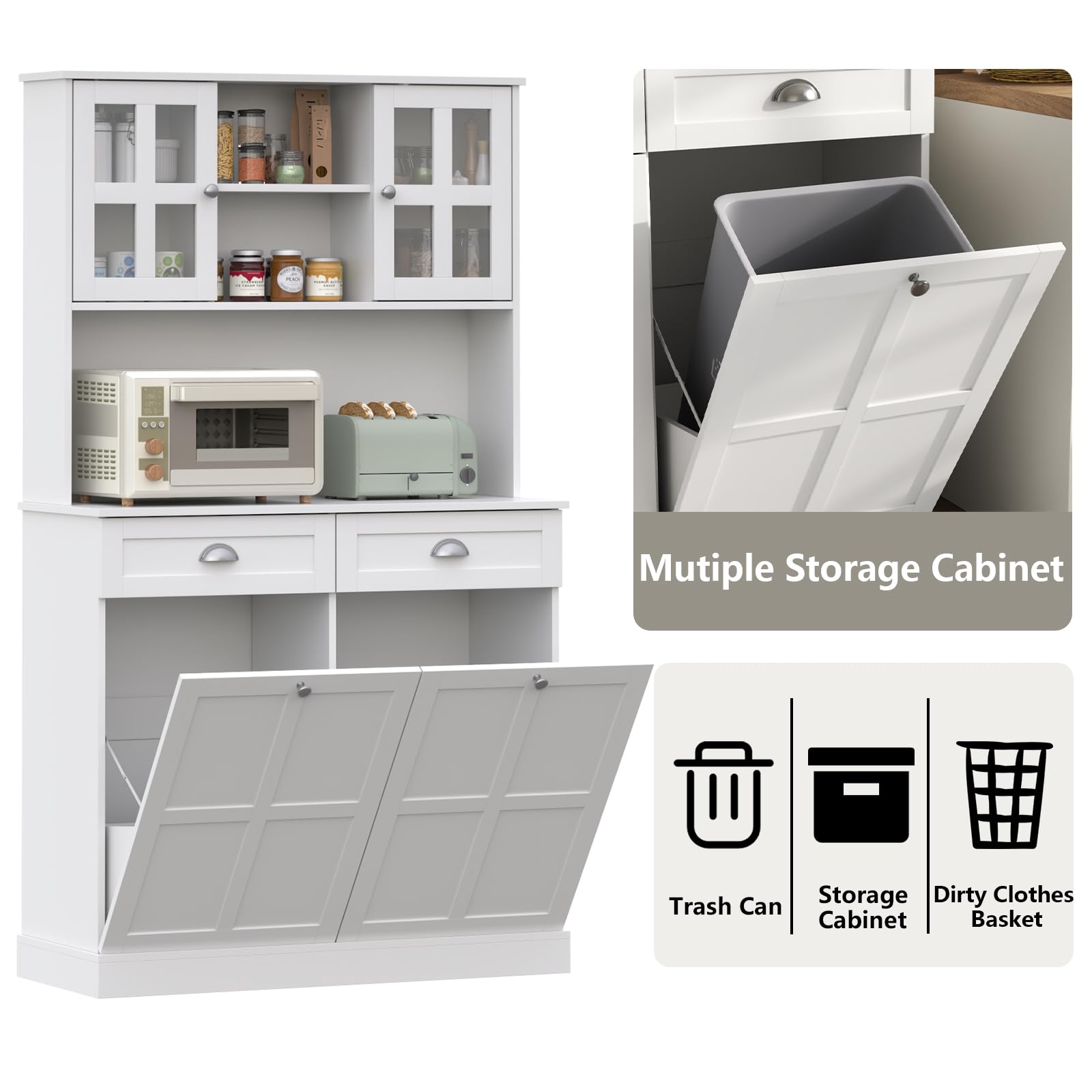 Double Tilt Out Trash Can Cabinet, 68" Tall Kitchen Pantry Storage Cabinet with 2 Drawers & Hutch & Microwave Coffee Stand, Freestanding 20 Gallon Trash Recycling Cabinets, Hidden Garbage Can Cabinets