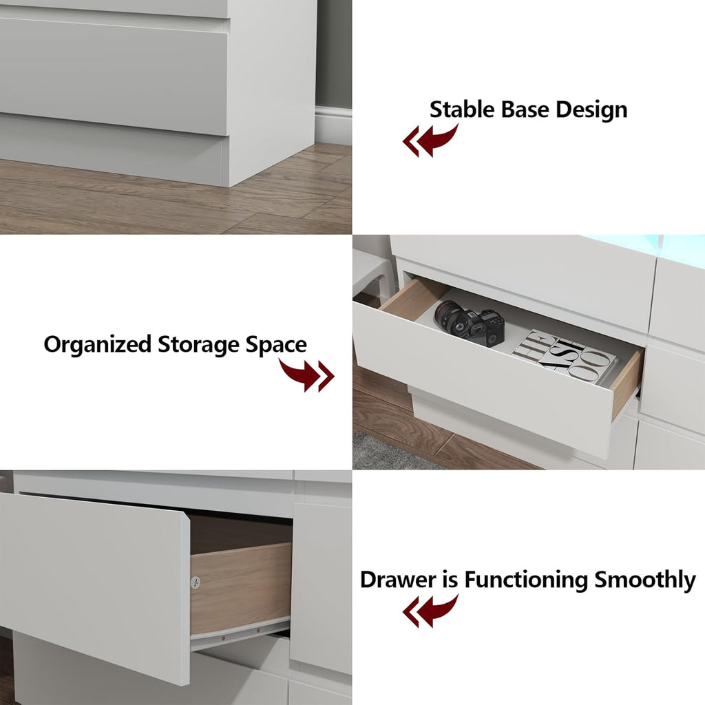 Auromie 9 Drawers Dresser, Double Modern Chest of Drawers with Power Outlet, Dresser TV Stand with Led Light Strip, Drawer Organizer for Bedroom, Living Room, Hallway (White, 9 Drawer)