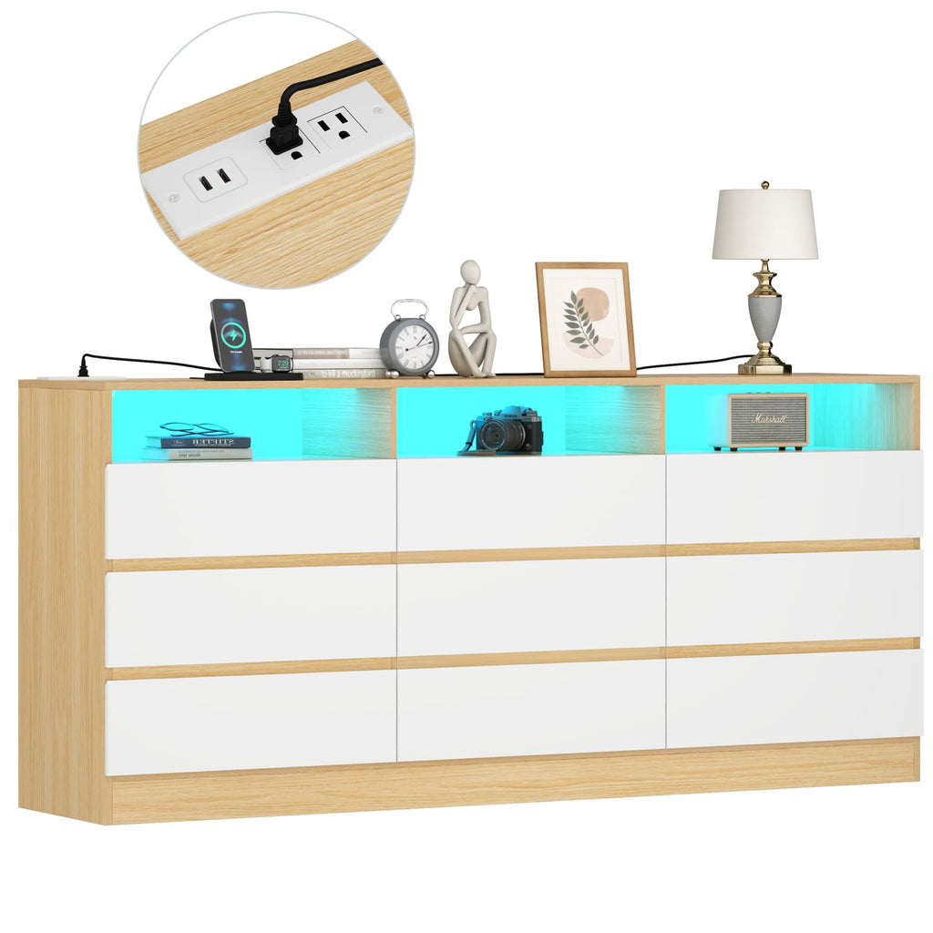 Auromie 9 Drawers Dresser, Double Modern Chest of Drawers with Power Outlet, Dresser TV Stand with Led Light Strip, Drawer Organizer for Bedroom, Living Room, Hallway (White, 9 Drawer)