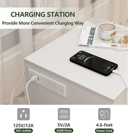 Auromie Nightstand with Charging Station and LED Lights, Concealment Furniture with RFID Lock Cabinet