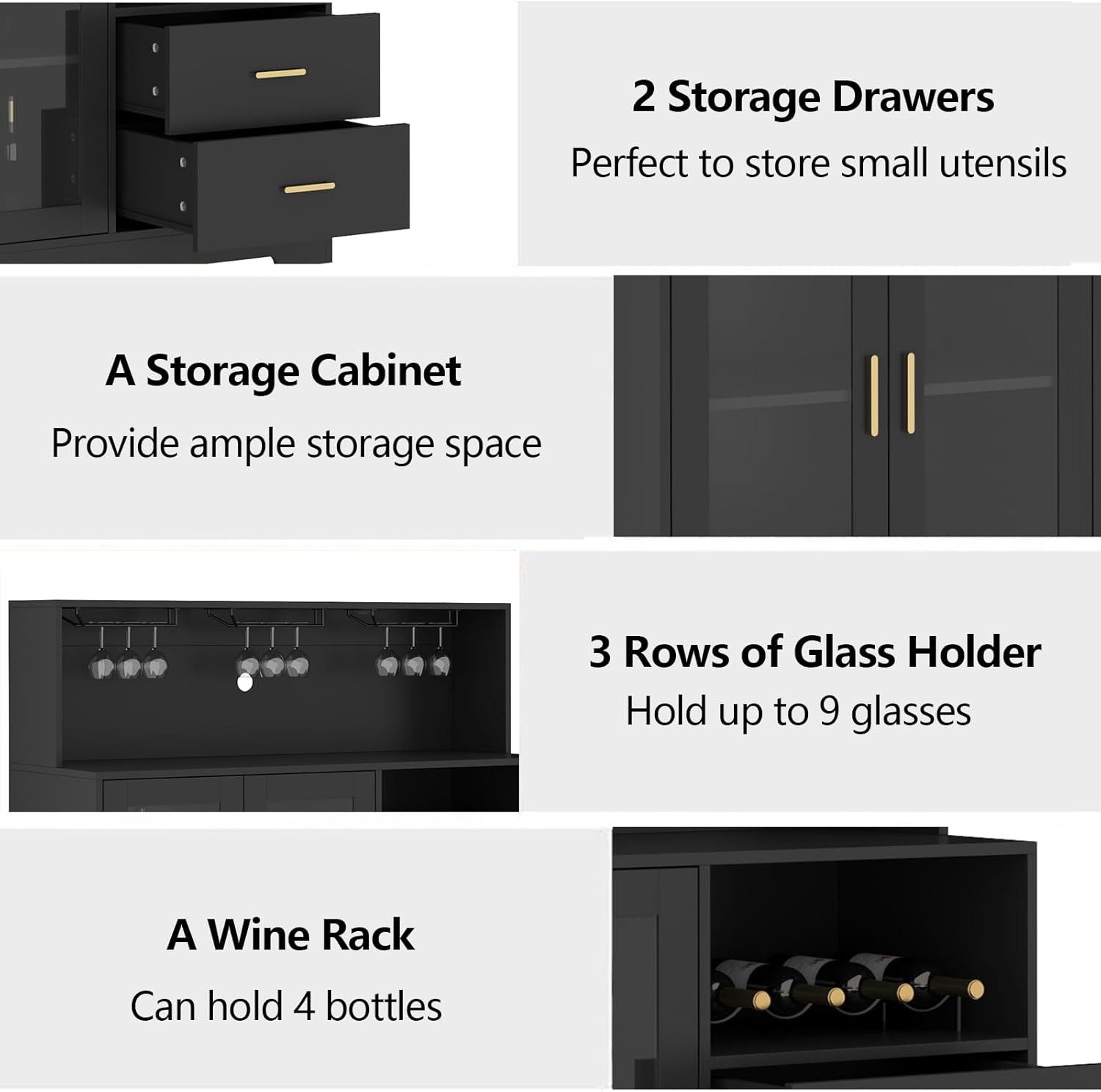 Bar Cabinet for Home with LED Light, Coffee Bar Cabinet with Wine & Glass Rack, Wine Cabinets with Drawers & Microwave Stand, Modern Liquor Cabinets for Kitchen, Living Room, Dining Room (Black)