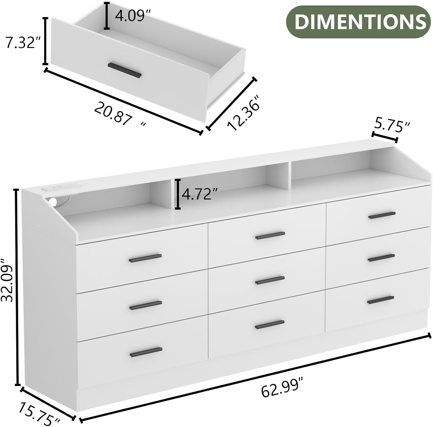 9 Drawers Dresser, Dresser for Bedroom with Power Outlet, Modern Chest of Drawers with LED Light, Storage Dressers with Open Storage Cubby, Dressers Organizer for Closet, Entryway, Living Room, White