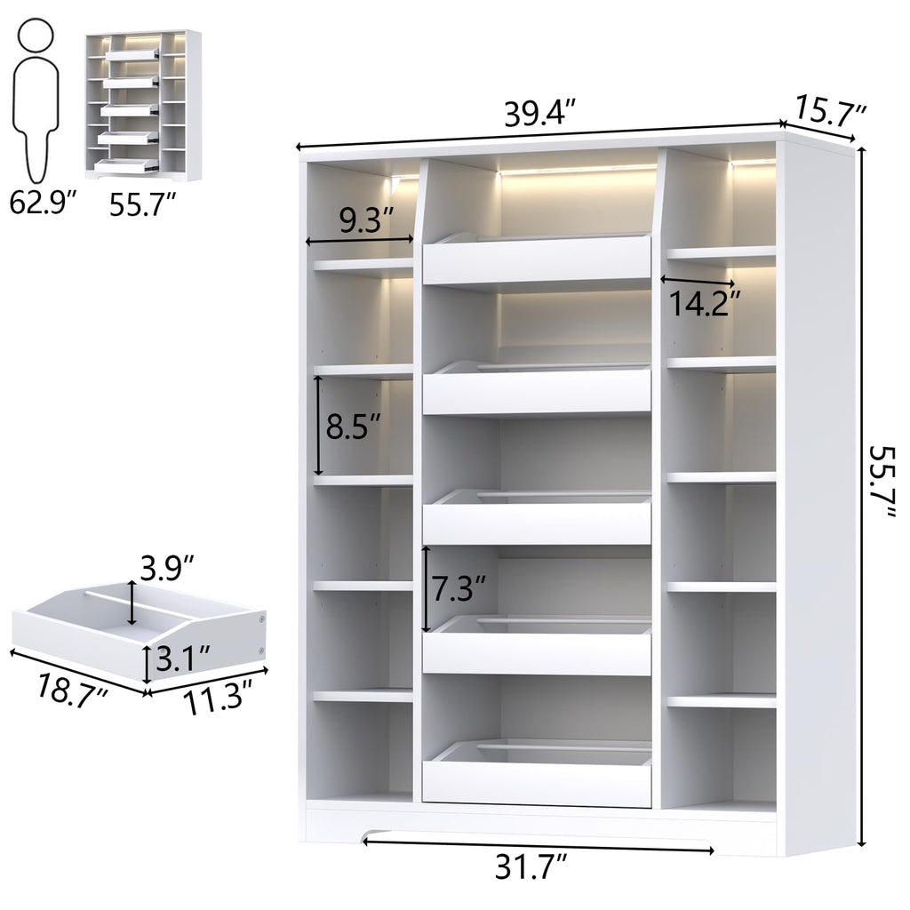 Auromie Shoe Storage Cabinet with 5 Drawers & 12 Shelves, Modern LED Shoe Rack & Handbag Storage Cabinet, Freestanding Shoes and Handbag Storage Organizer for Closet, Entryway, Living Room (White)