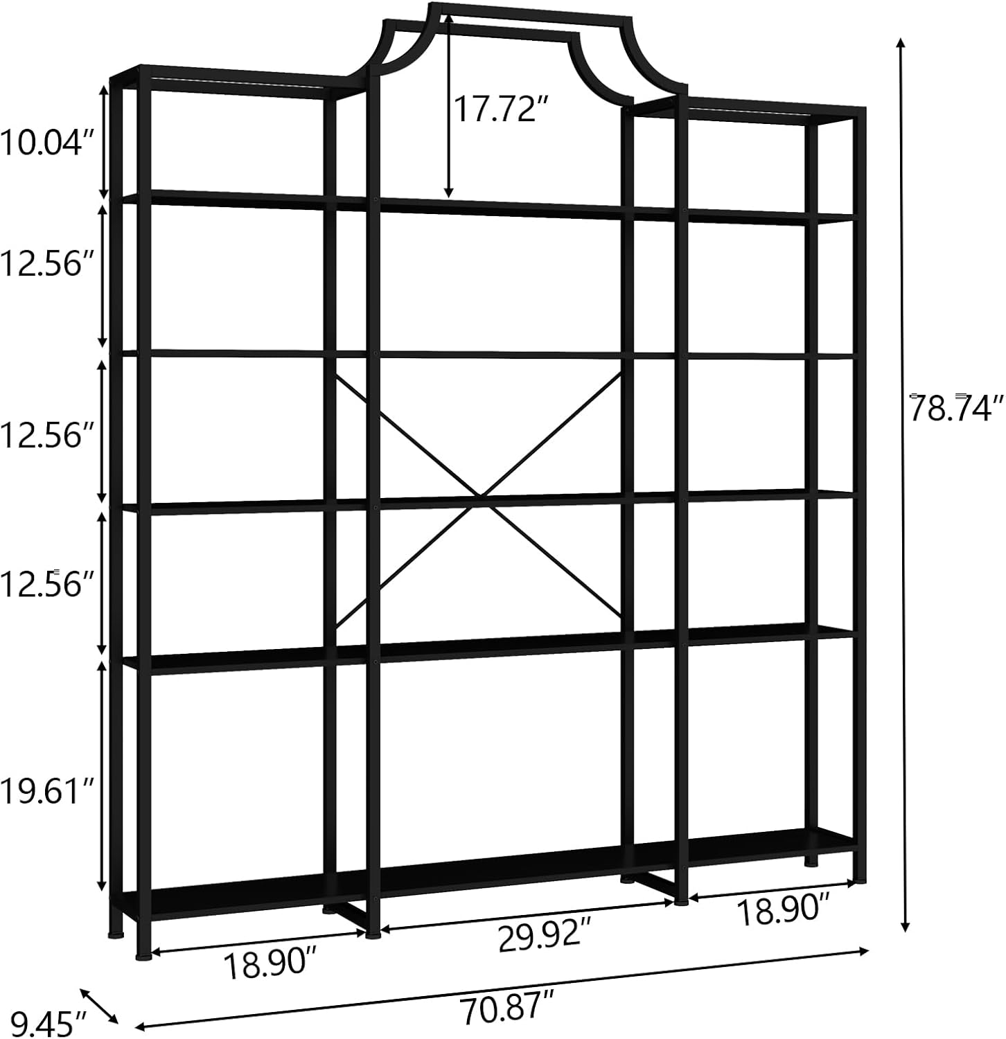 Auromie Triple Wide 5-Tier Bookshelf, 70.87" L x 79.13" H Extra Large Bookcase, Tall Open Etagere Display Shelf with Metal Frame, Freestanding Modern Storage Shelves for Home Office (Black)