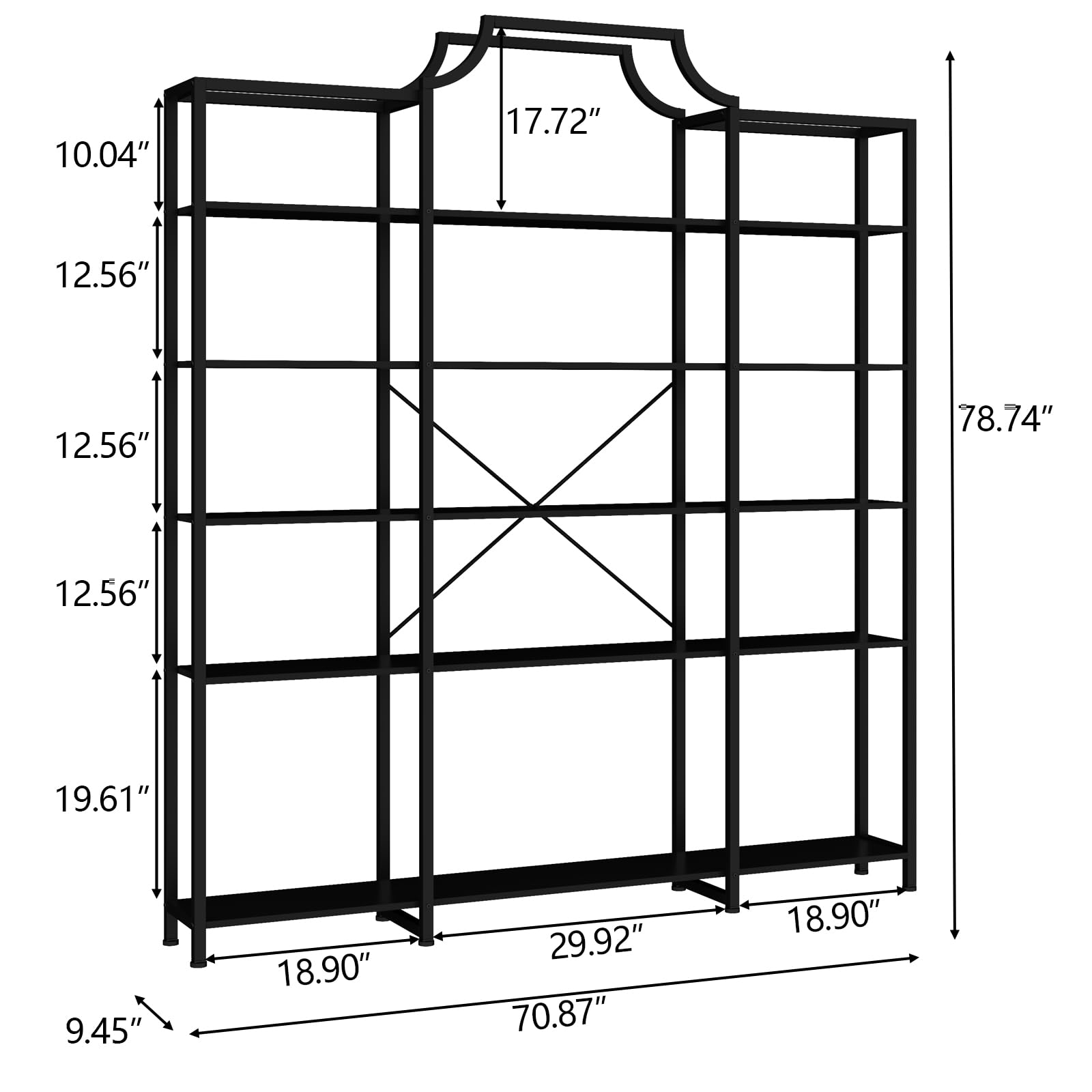 Auromie Triple Wide 5-Tier Bookshelf, 70.87" L x 79.13" H Extra Large Bookcase, Tall Open Etagere Display Shelf with Metal Frame, Freestanding Modern Storage Shelves for Home Office, Black&White