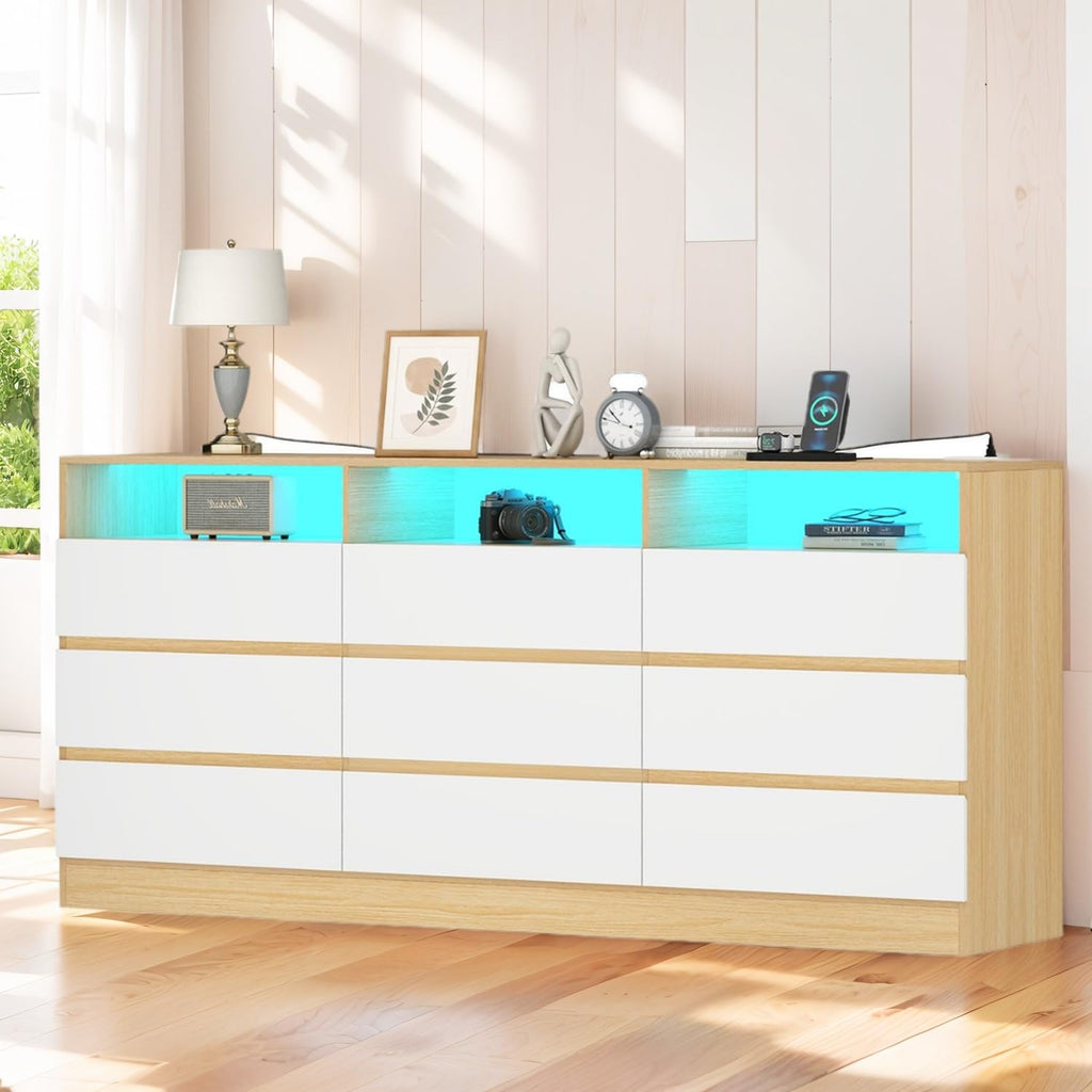 Auromie 9 Drawers Dresser, Double Modern Chest of Drawers with Power Outlet, Dresser TV Stand