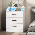 Nightstand with Charging Station and LED Lights, White Nightstand with Drawers, End Side Table with Open Storage Cubby, Modern Bedside Table for Bedroom, Night Stand Organizer Living Room (3 Drawers)