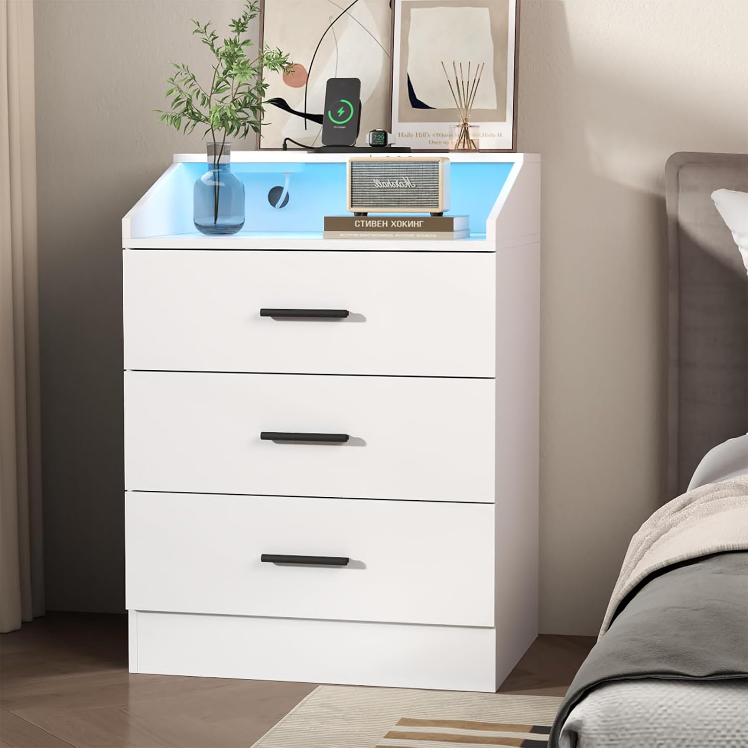 Nightstand with Charging Station and LED Lights, White Nightstand with Drawers, End Side Table with Open Storage Cubby, Modern Bedside Table for Bedroom, Night Stand Organizer Living Room (3 Drawers)