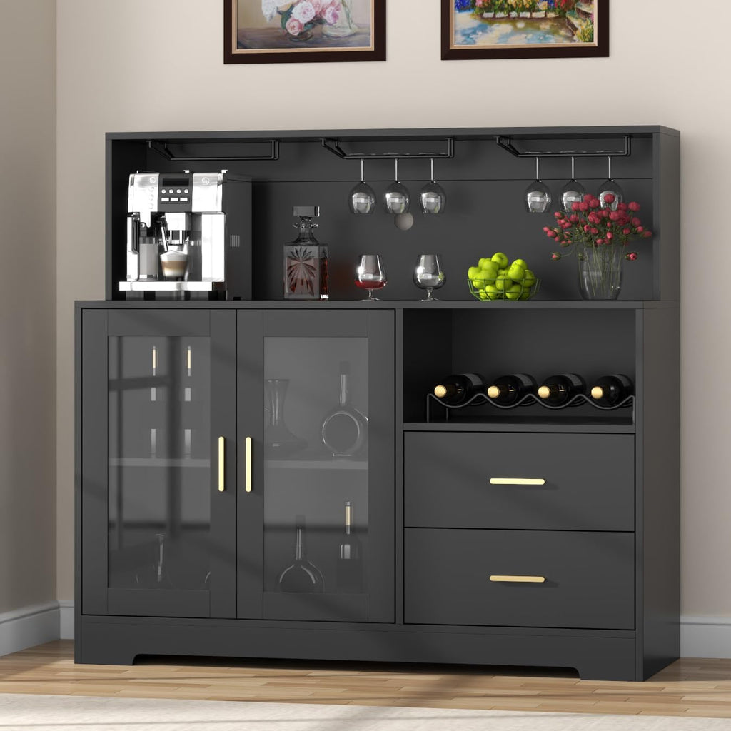 Bar Cabinet for Home with LED Light, Coffee Bar Cabinet with Wine & Glass Rack, Wine Cabinets with Drawers & Microwave Stand, Modern Liquor Cabinets for Kitchen, Living Room, Dining Room (Black)