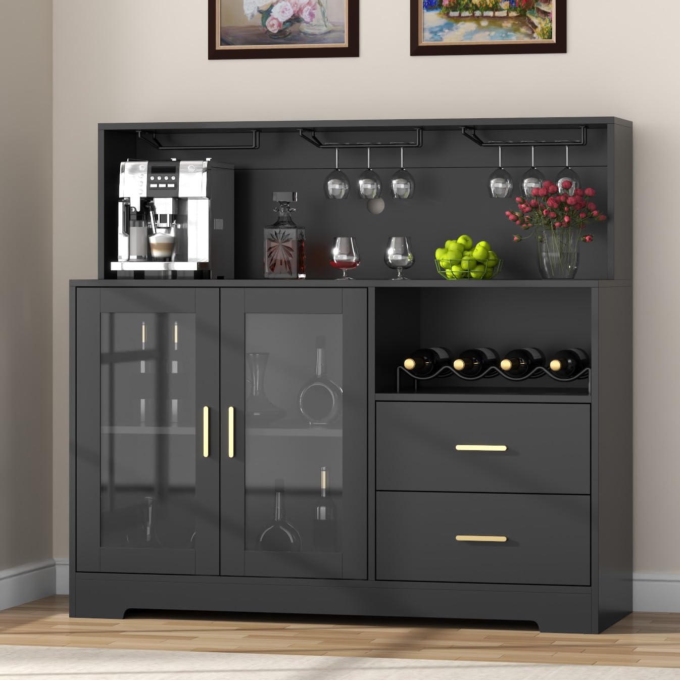 Bar Cabinet for Home with LED Light, Coffee Bar Cabinet with Wine & Glass Rack, Wine Cabinets with Drawers & Microwave Stand, Modern Liquor Cabinets for Kitchen, Living Room, Dining Room (Black)