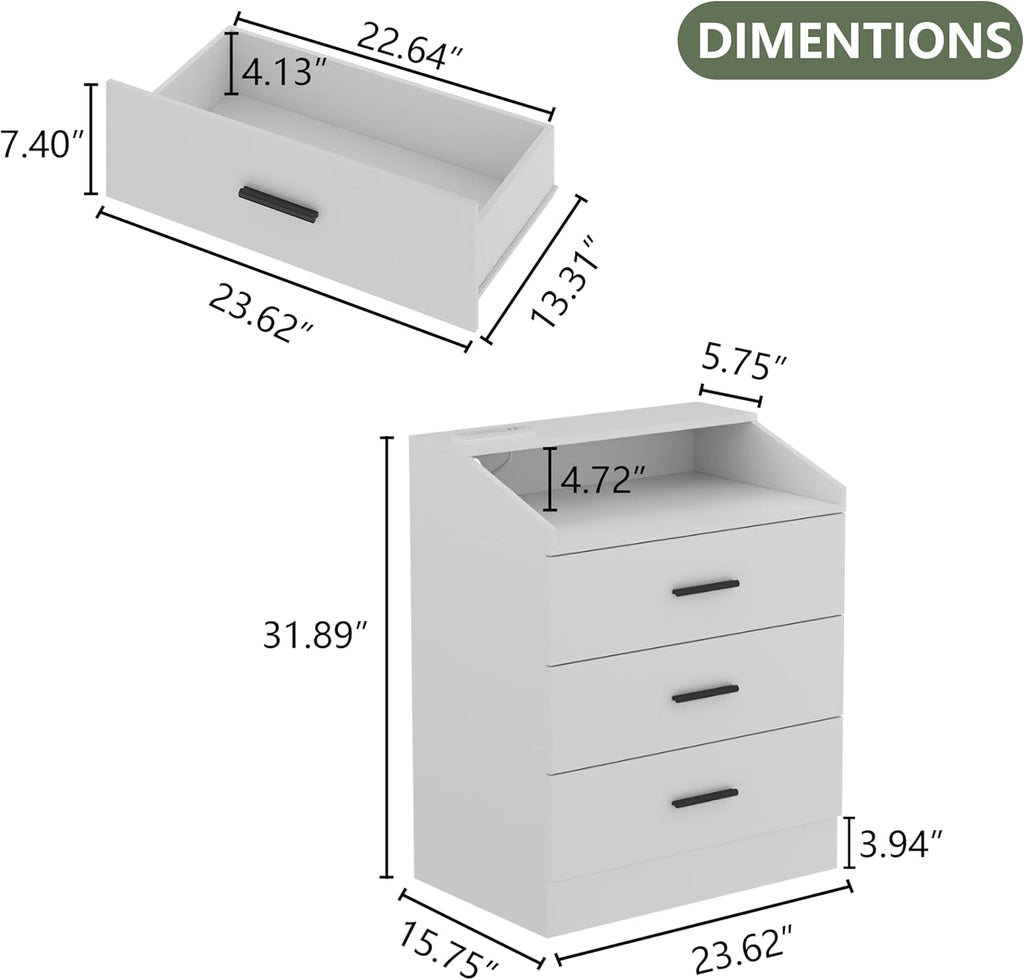 Nightstand with Charging Station and LED Lights, White Nightstand with Drawers, End Side Table with Open Storage Cubby, Modern Bedside Table for Bedroom, Night Stand Organizer Living Room (3 Drawers)