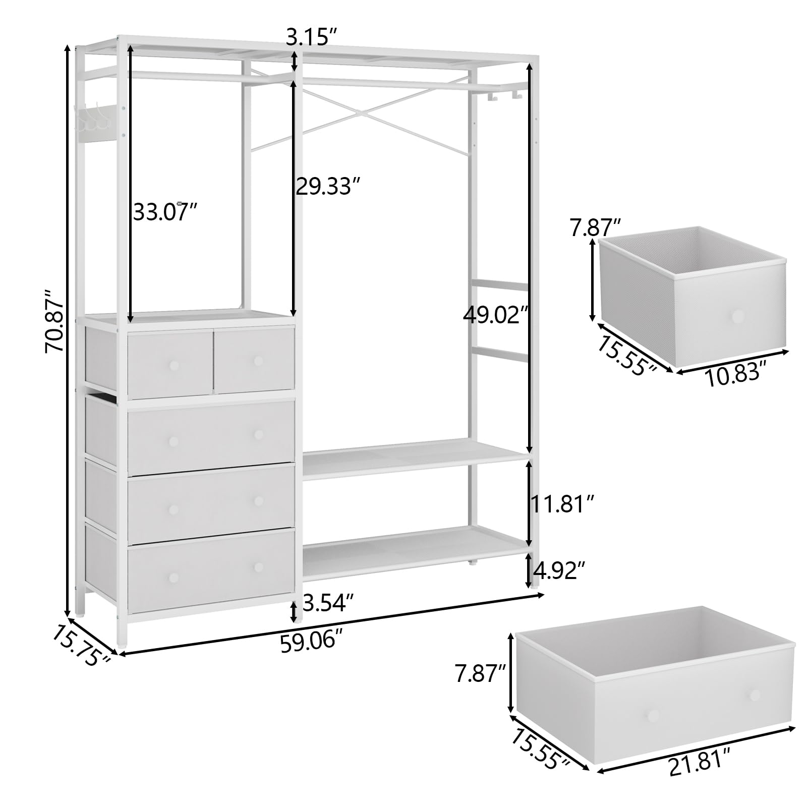 Auromie Clothes Rack with 5 Drawers & 4 Storage Shelves, 59.1W*70.9H Heavy Duty Clothing Rack with 2 Hanging Rods, Wardrobe Closet Organizer System with 5 Hooks, Freestanding Garment Rack (Rustic)