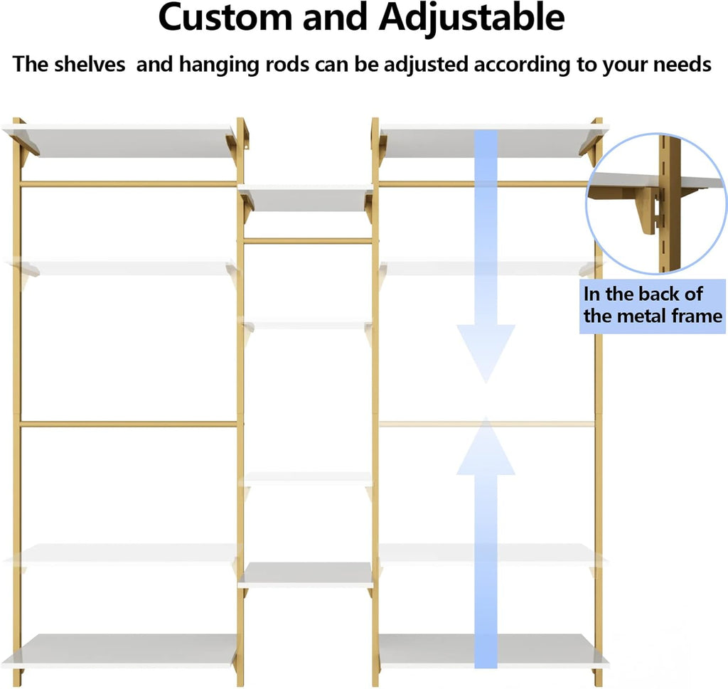 Gold Wall Mount Clothes Rack with 4 Hanging Rods, Clothing Rack with 6-Tier Adjustable Shelves, Closet Storage Organizer System Kit, Heavy Duty Garment Rack with Metal (80.43" L*78.62" H) (Gold)