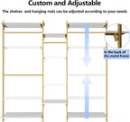 Gold Wall Mount Clothes Rack with 4 Hanging Rods, Clothing Rack with 6-Tier Adjustable Shelves, Closet Storage Organizer System Kit, Heavy Duty Garment Rack with Metal (80.43" L*78.62" H) (Gold)