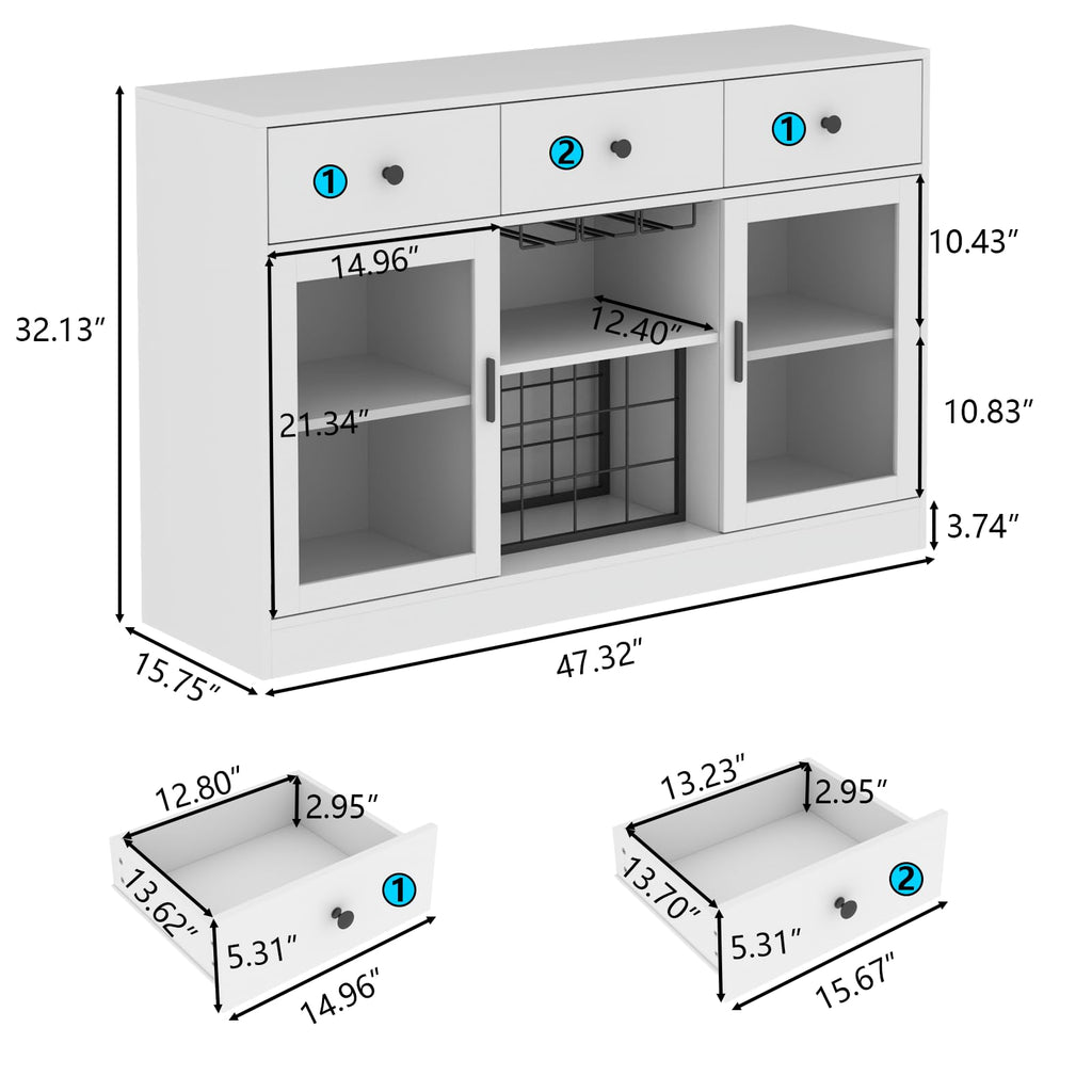 Auromie Wine Bar Cabinet with LED Light, Home Coffee Cabinet with Wine and Glass Rack, Kitchen Buffet Sideboard with Storage Drawers & Adjustable Shelves, Modern Liquor Cabinet with Glass Door (Black)
