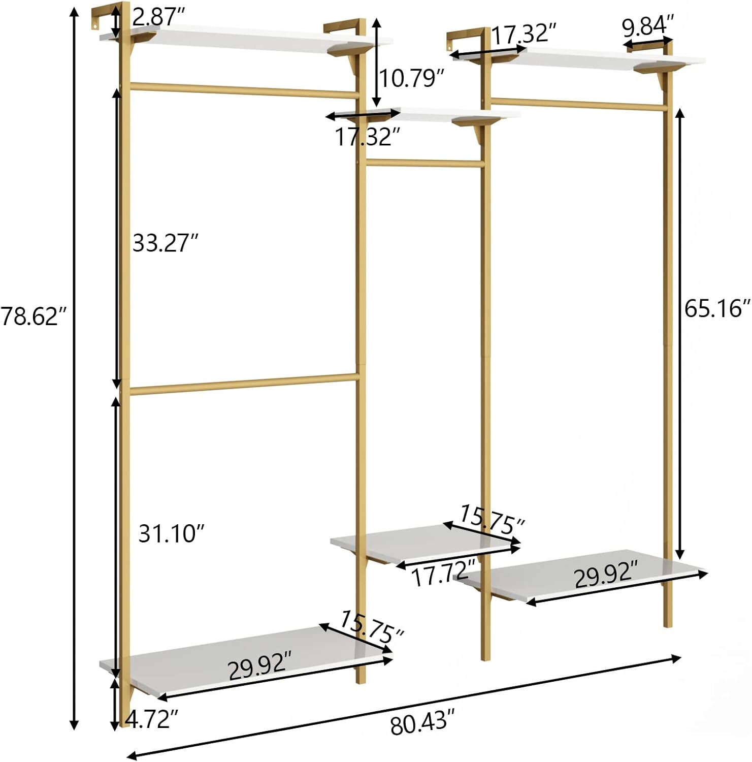 Gold Wall Mount Clothes Rack with 4 Hanging Rods, Clothing Rack with 6-Tier Adjustable Shelves, Closet Storage Organizer System Kit, Heavy Duty Garment Rack with Metal (80.43" L*78.62" H) (Gold)