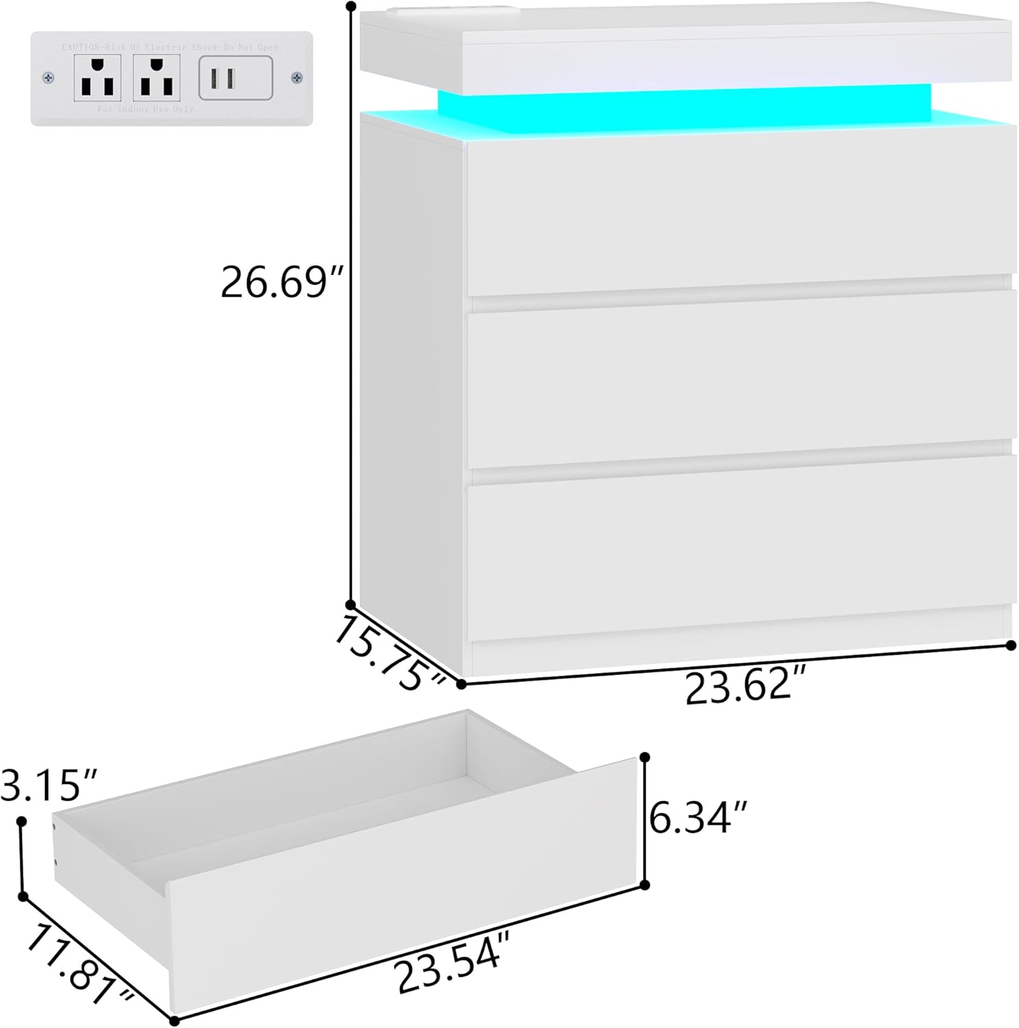 Nightstand with Charging Station and LED Lights, Night Stand with 3 Storage Drawers, Modern Bedside Table for Bedroom, End Side Table for Living Room (White)