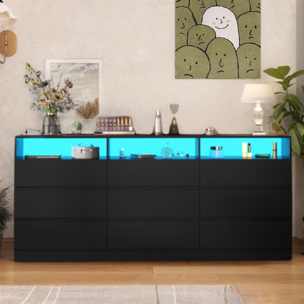 Led Drawer System Auromie 9 Drawers Dresser, Double Modern Chest of Drawers with Power O