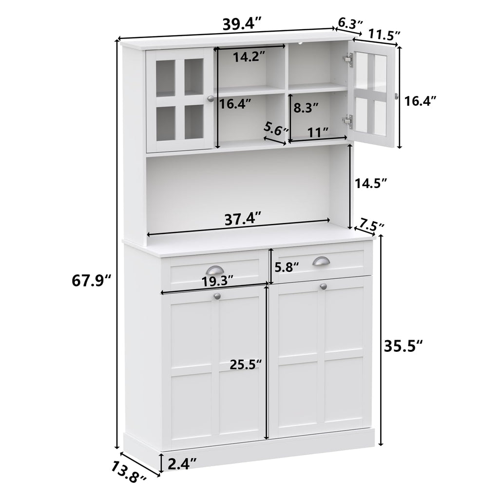 Double Tilt Out Trash Can Cabinet, 68" Tall Kitchen Pantry Storage Cabinet with 2 Drawers & Hutch & Microwave Coffee Stand, Freestanding 20 Gallon Trash Recycling Cabinets, Hidden Garbage Can Cabinets