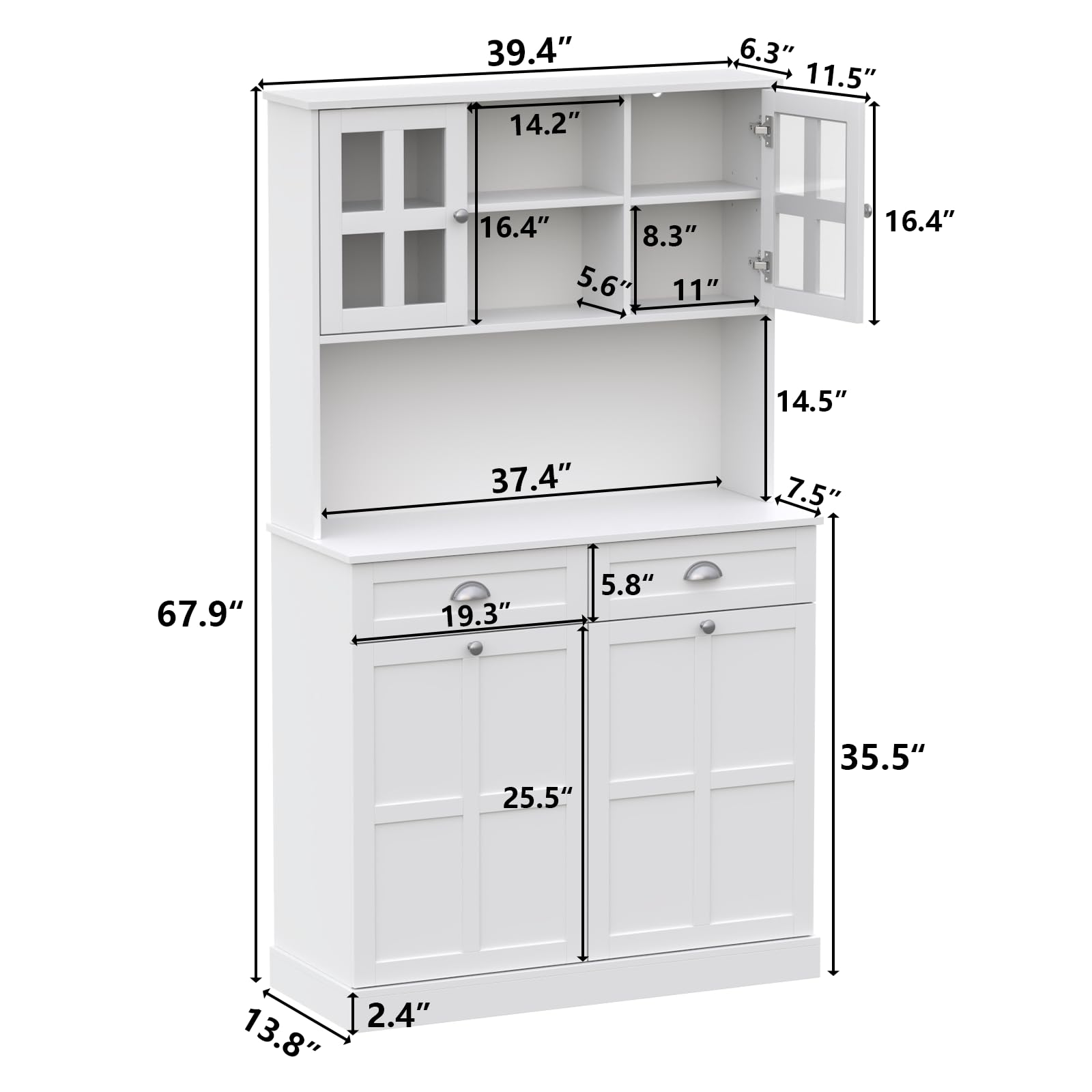 Double Tilt Out Trash Can Cabinet, 68" Tall Kitchen Pantry Storage Cabinet with 2 Drawers & Hutch & Microwave Coffee Stand, Freestanding 20 Gallon Trash Recycling Cabinets, Hidden Garbage Can Cabinets